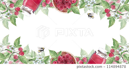Rectangular frame of branches, leaves, raspberries in watercolor illustration on a white background. Hand drawn raspberry flowers and leaves for cookbooks, dessert recipes and country food. 114894878