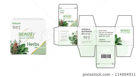 Design of the cosmetic packaging template. Cut. Cosmetic cream mask with Herbs in a closed box. Realistic 3D model. 114894911