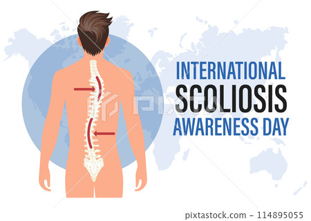 International Scoliosis Awareness Day. Banner with human scoliosis spine on a world map. Illustration, poster 114895055