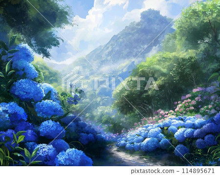A quiet forest where hydrangeas bloom 114895671
