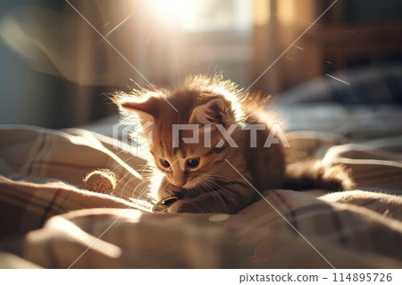 A small kitten is playing with an old man on the bed. Warm light is shining through from outside the window, It shows the cute pet interaction and playful action of the kitten's hand movements. A small kitten is playing with an old man on the bed. Warm light is shining through from outside the window, It shows the cute pet interaction and playful action of the kitten's hand movements. 114895726
