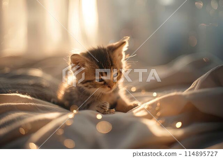 A small kitten is playing with an old man on the bed. Warm light is shining through from outside the window, It shows the cute pet interaction and playful action of the kitten's hand movements. 114895727