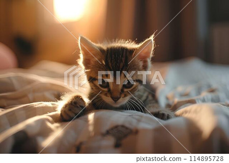 A small kitten is playing with an old man on the bed. Warm light is shining through from outside the window, It shows the cute pet interaction and playful action of the kitten's hand movements. 114895728