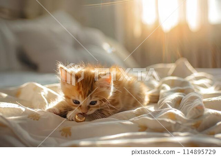 A small kitten is playing with an old man on the bed. Warm light is shining through from outside the window, It shows the cute pet interaction and playful action of the kitten's hand movements. 114895729