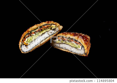 delicious fresh sushi burgers on a dark background for food delivery website delicious fresh sushi burgers on a dark background for food delivery website 114895804