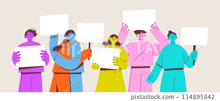 People standing together showing blank white posters People standing together showing blank white posters 114895842