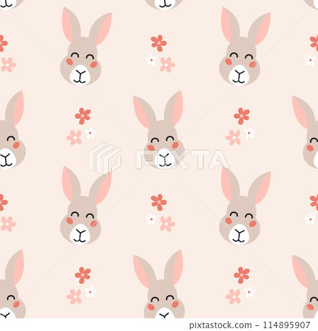Seamless pattern with cute funny hare head and flowers on pink background. Kids design for print, textile, wrapping paper, wallpaper, nursery. Vector illustration Seamless pattern with cute funny hare head and flowers on pink background. Kids design for print, textile, wrapping paper, wallpaper, nursery. Vector illustration 114895907
