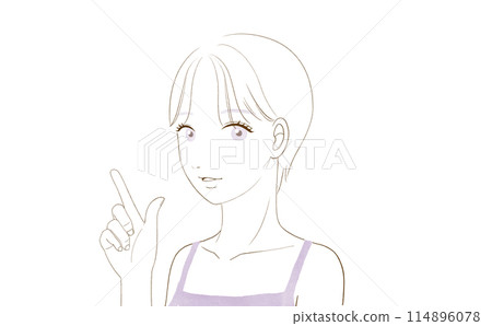 一個年輕女子用手指指著的前視圖(短髮) 一個年輕女子用手指指著的前視圖(短髮) 114896078