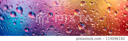 Water droplets on glass, macro photo, pastel rainbow colors, gradient background 114896192