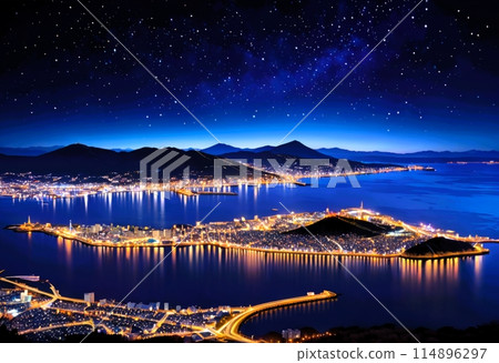 價值百萬美元的漁港夜景圖，星星流過 114896297