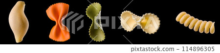 Set of different type of pasta isolated on black background 114896305