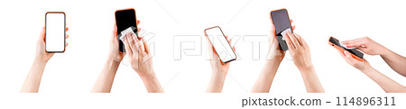 Woman hand clean mobile phone by wet wipe isolated on white background Woman hand clean mobile phone by wet wipe isolated on white background 114896311