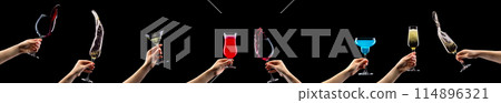 Woman hands holding cocktails, champagne and beer glasses isolated on black. 114896321