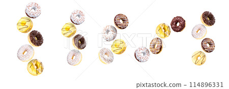 Set of flying glazed donuts with sprinkles on a white background 114896331