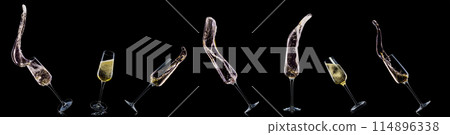 Glass for champagne with splashes isolated on black background. Glass for champagne with splashes isolated on black background. 114896338