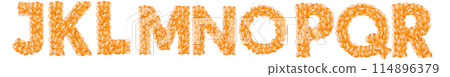 Set of orange letters from helium balloons part of English alphabet. 114896379