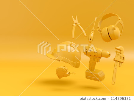 Flying view of monochrome construction tools for repair on multicolor background 114896381