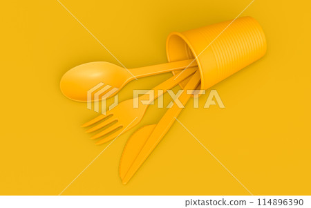 Set of disposable utensils like plate, folk, spoon,knife, cup and pepper mill 114896390