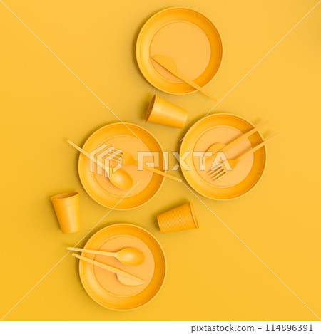 Set of disposable utensils like plate, folk, spoon,knife, cup and pepper mill 114896391