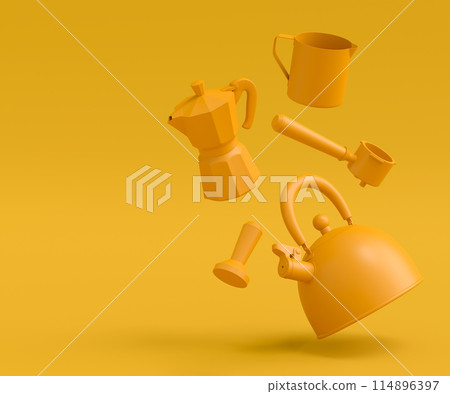 Espresso coffee machine with horn, kettle and geyser coffee maker on monochrome 114896397