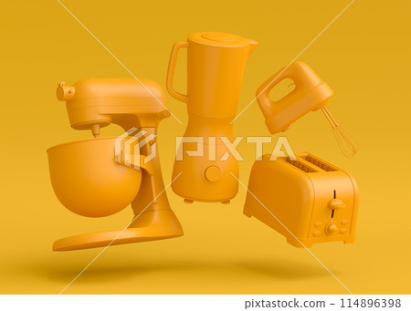 Electric kitchen appliances and utensils for making culinary on monochrome 114896398