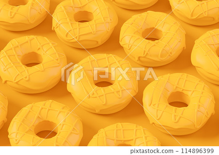 Isometric view of glazed donut with sprinkles on plain monochrome yellow color 114896399