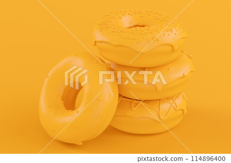 Stack of glazed donut with sprinkles on plain monochrome yellow color Stack of glazed donut with sprinkles on plain monochrome yellow color 114896400