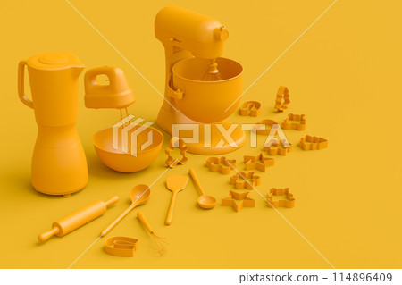 Electric kitchen appliances and utensils for making culinary on monochrome 114896409