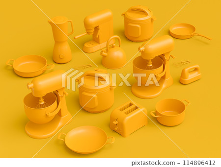 Electric kitchen appliances and utensils for making culinary on monochrome 114896412