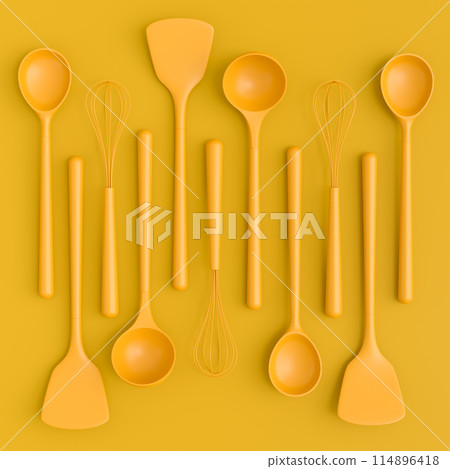 Wooden kitchen utensils, tools and equipment on yellow monochrome background. Wooden kitchen utensils, tools and equipment on yellow monochrome background. 114896418