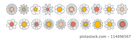 Retro flower with groovy daisy face and cute smile. 70s cartoon pattern with happy character. Psychedelic floral and hippy icon. Flat vector illustration isolated on white background. Retro flower with groovy daisy face and cute smile. 70s cartoon pattern with happy character. Psychedelic floral and hippy icon. Flat vector illustration isolated on white background. 114896567