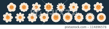 Cute daisy face with happy smile, groovy retro style. 70s hippy icon, kawaii cartoon character. Sunflower and chamomile flower pattern . Floral sticker for kids. Flat vector illustration isolated on Cute daisy face with happy smile, groovy retro style. 70s hippy icon, kawaii cartoon character. Sunflower and chamomile flower pattern . Floral sticker for kids. Flat vector illustration isolated on 114896578