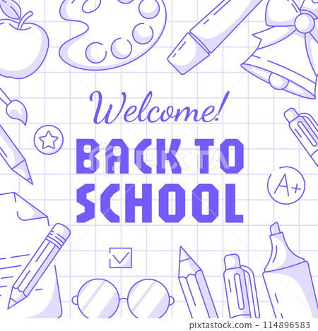 Welcome back to school, square poster, checkered background. Vector minimalist design, school supplies, stationery. Education, learning, knowledge concept. For social media, banner, flyer, card, post Welcome back to school, square poster, checkered background. Vector minimalist design, school supplies, stationery. Education, learning, knowledge concept. For social media, banner, flyer, card, post 114896583