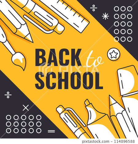 Back to school, square poster, vector minimalist design with school supplies, stationery, geometric shapes. Education, learning, knowledge concept. For social media, banner, flyer, advertising, post 114896588