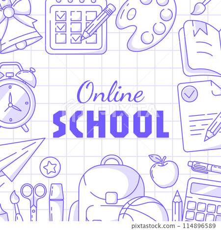 Online school, square poster, checkered background. Vector minimalist design with school supplies, stationery. Education, learning, knowledge concept. For social media, banner, flyer, card, post Online school, square poster, checkered background. Vector minimalist design with school supplies, stationery. Education, learning, knowledge concept. For social media, banner, flyer, card, post 114896589