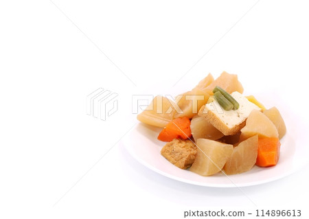 Boiled daikon and deep-fried tofu, carrots, sweet potatoes, light background Boiled daikon and deep-fried tofu, carrots, sweet potatoes, light background 114896613