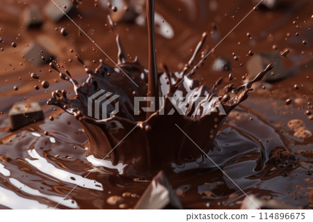 Splashes of chocolate. Chocolate bar is poured into melted chocolate pile 114896675