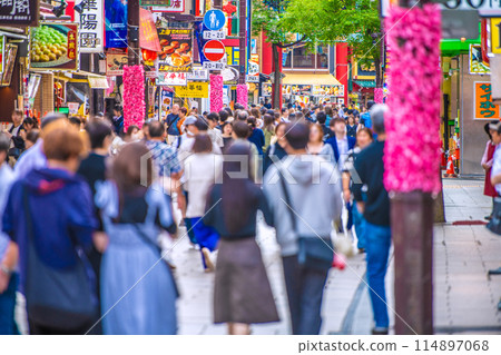 Yokohama cityscape in Japan in May. In the season of fresh greenery... Overlooking Yokohama Chinatown, bustling with couples and tourists = 23rd 114897068