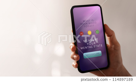 Mental Health Concept. Using  Mobile Application to Check, Measure and Practicing Mind. Self Care and Soothing Life. App show on Mobile Phone. 114897189