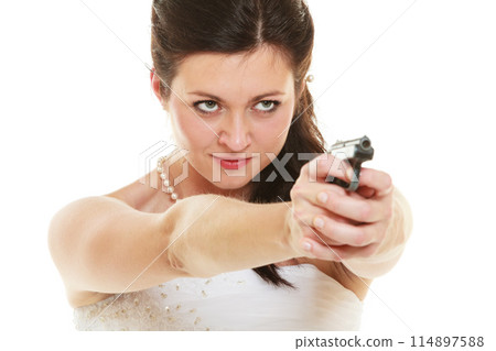 Angry bride with gun isolated on white. Angry bride with gun isolated on white. 114897588