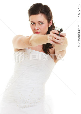 Angry bride with gun isolated on white. Angry bride with gun isolated on white. 114897589