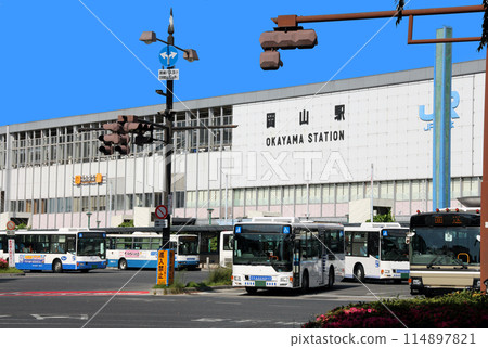 Buses from various companies stopping at JR Okayama Station 114897821