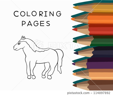 Vector isolated illustration of a coloring horse. Coloring book for preschool children. 114897892