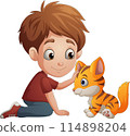 Cartoon boy strokes a kitten 114898204