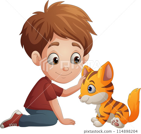 Cartoon boy strokes a kitten Cartoon boy strokes a kitten 114898204