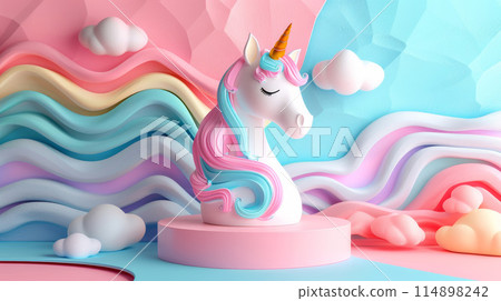 A unicorn is standing on a pink platform in front of a rainbow 114898242