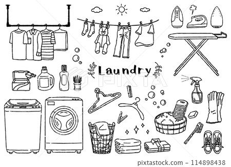 Laundry illustration set - hand-drawn black and white line drawings 114898438