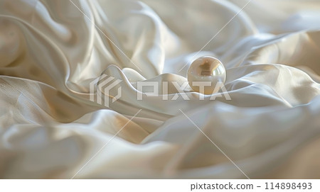 pearl lies on creamy satin, its soft glow and smooth texture evoking luxury and elegance. 114898493