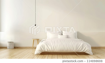 Scandinavian interior design of master bedroom with minimalist white bed, wooden stool, and concrete planter on polished wood floor, under a simple bulb light. 114898608