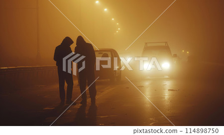 Highway Mist Accident Car accident on a foggy road, headlights barely visible through the thick fog 114898750